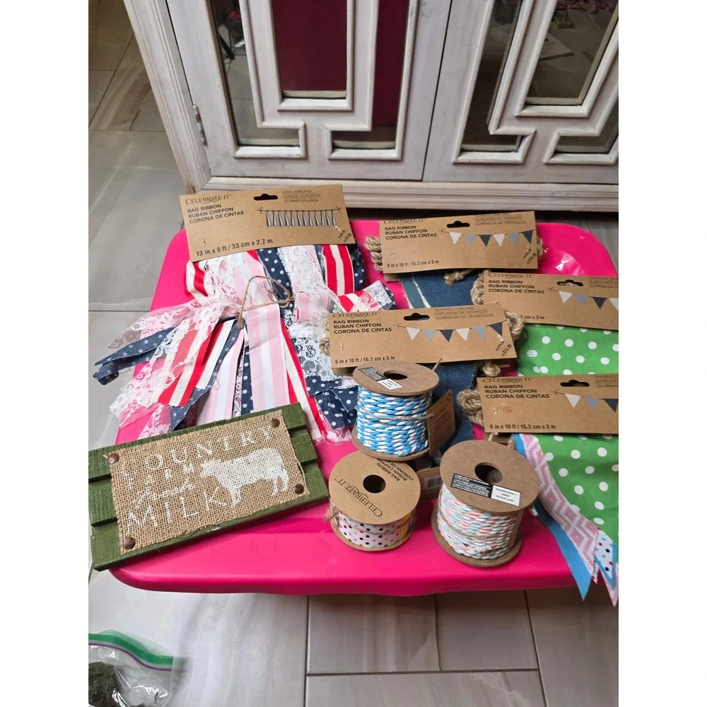 Celebrate It Rag Ribbon Garland Twine Lot Farmhouse Country Fresh Milk Sign NEW‎